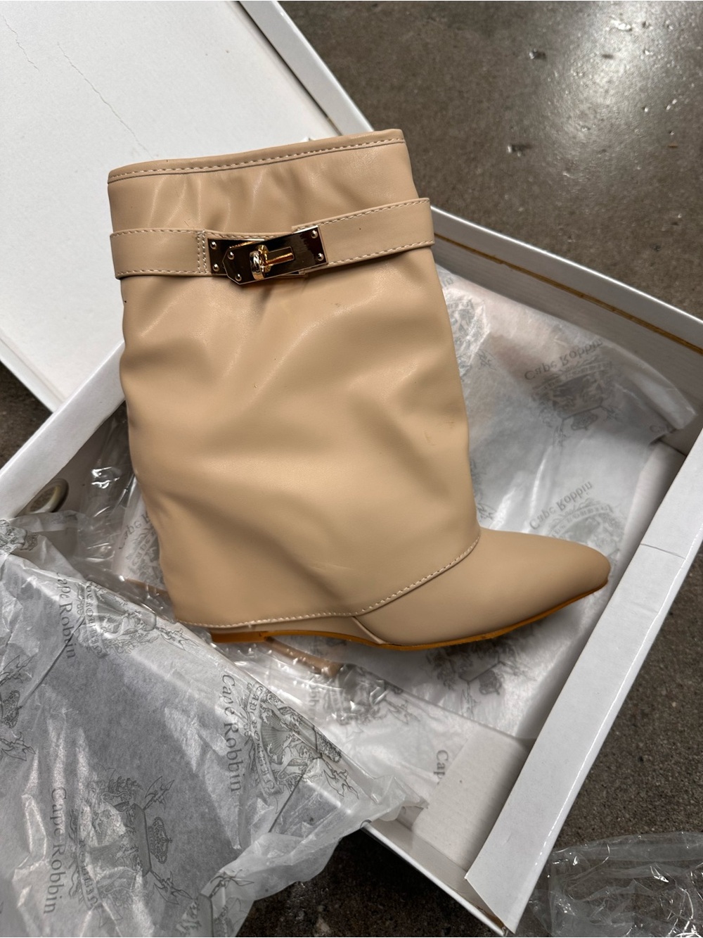 Cape Robbin Beige Pointed-Toe Mid-Calf Boot with Gold Buckle